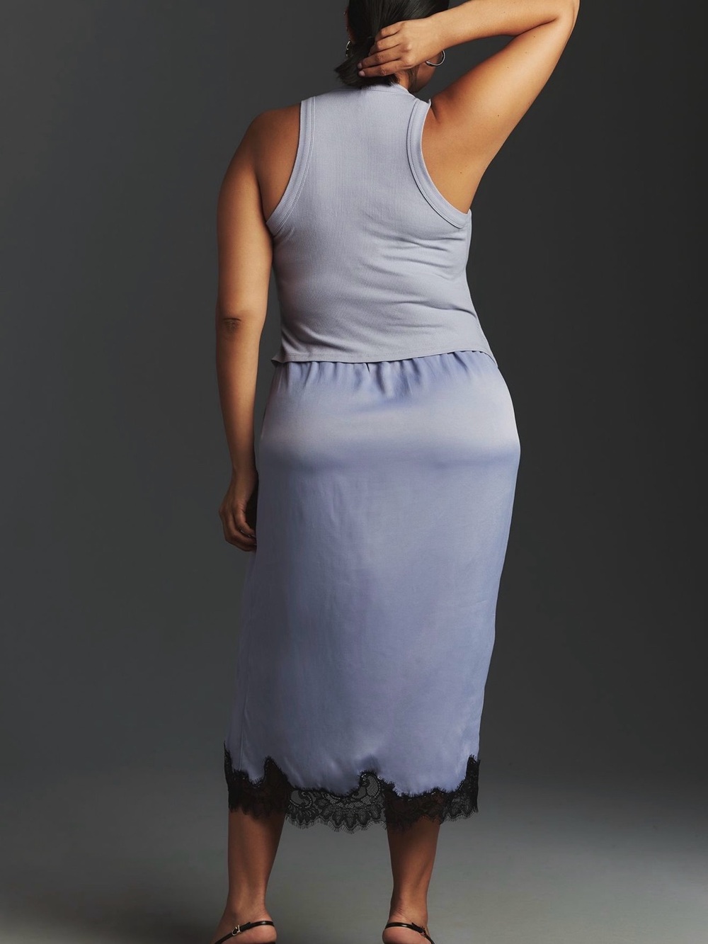 Anthropologie Periwinkle Twofer Slip Skirt dress with Black Lace Trim - Picture 3 of 4